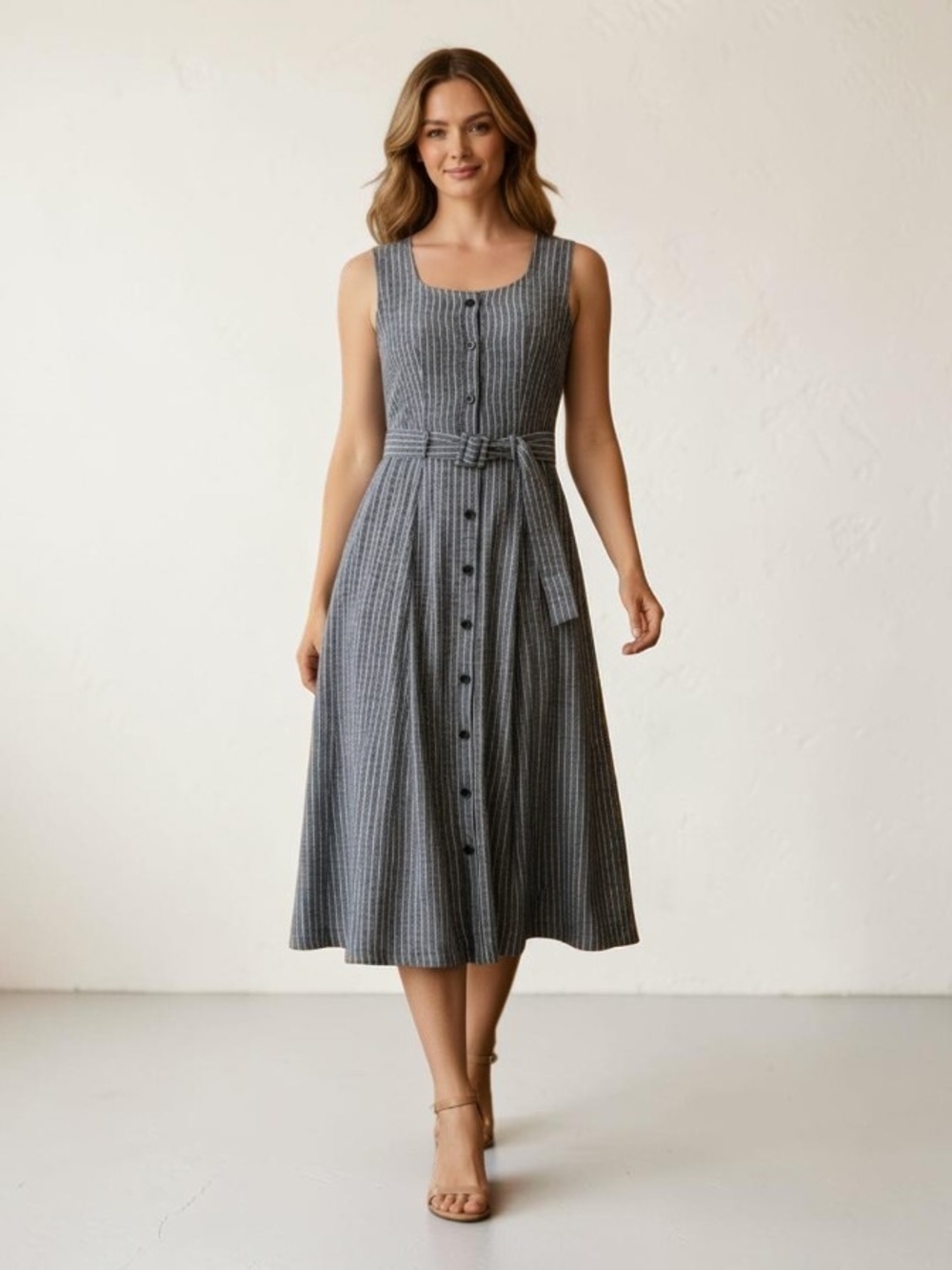 Banana Republic | Sleeveless Gray Striped Button-Front Midi Dress with Waist Tie